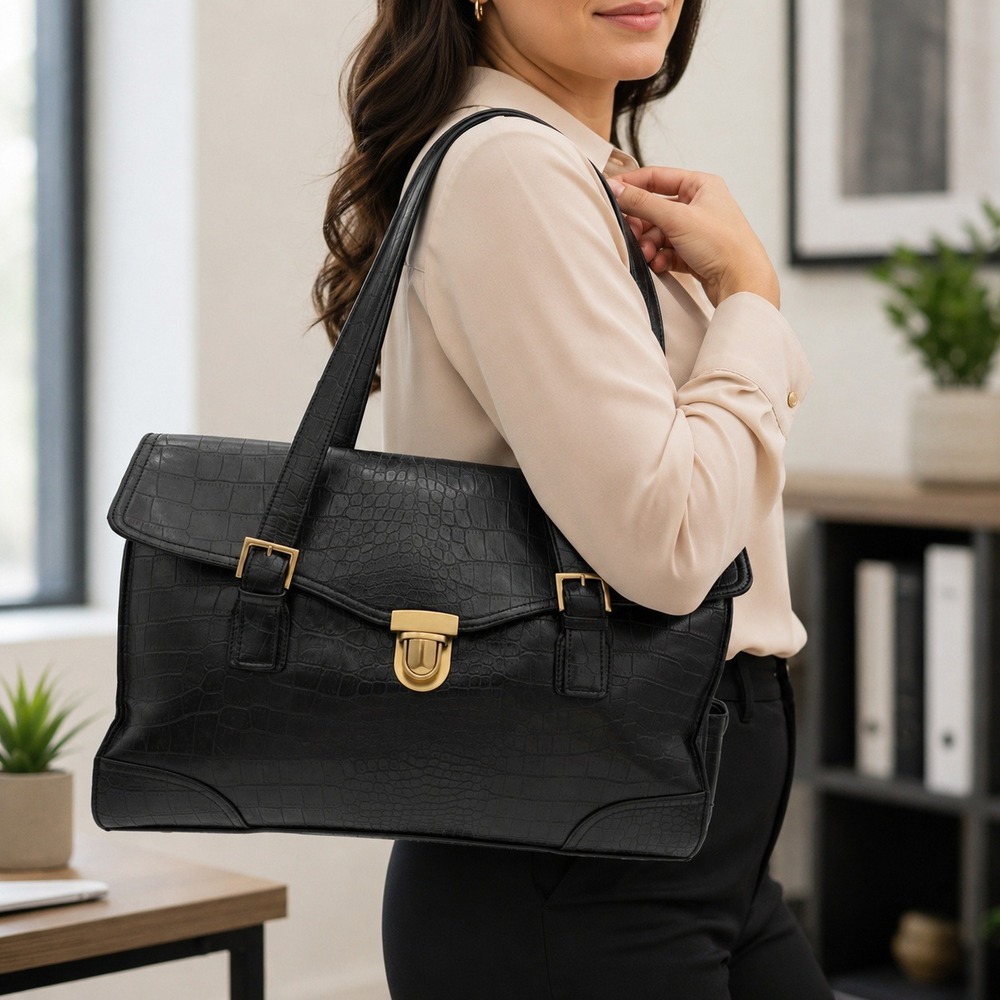 Worthington Faux Croc Embossed Briefcase Work Tote Bag Professional Gold-tone